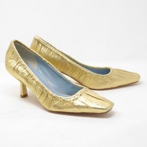Frances Valentine Britta Gold Ruched Leather Square Toe Kitten Heels Pumps 9B